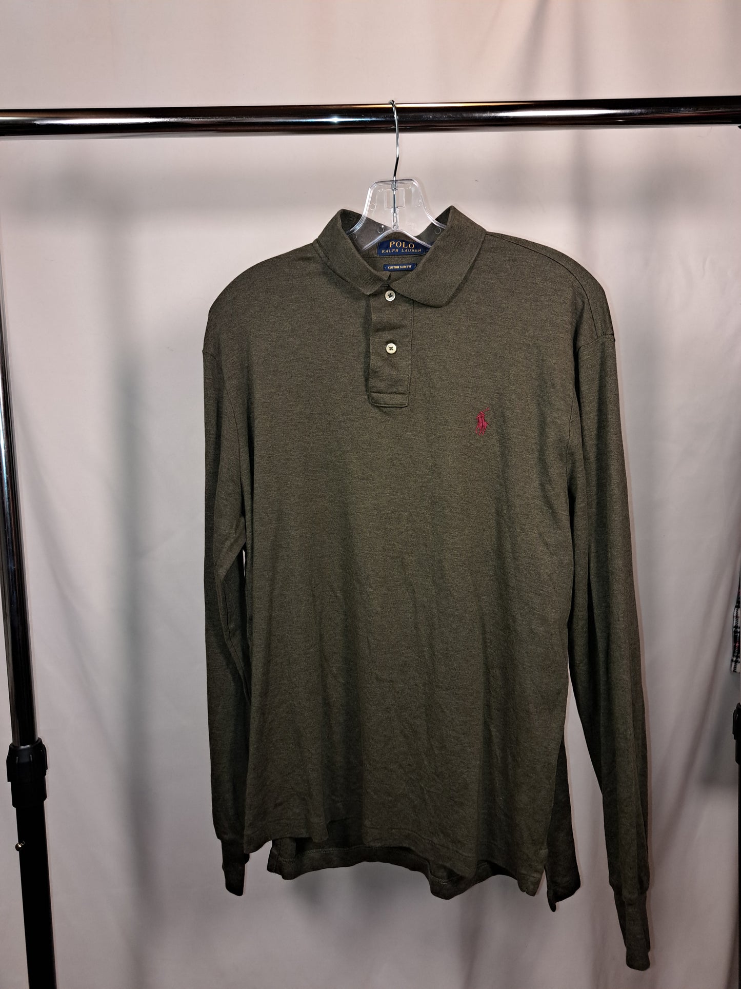 Vintage Polo Ralph Lauren Longsleeve – Olivgrün mit rotem Logo, Größe L | Classic Polo Style