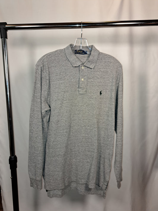 Vintage Polo Ralph Lauren Longsleeve – Hellgrau mit grünem Logo, Größe S | Classic Piqué Shirt