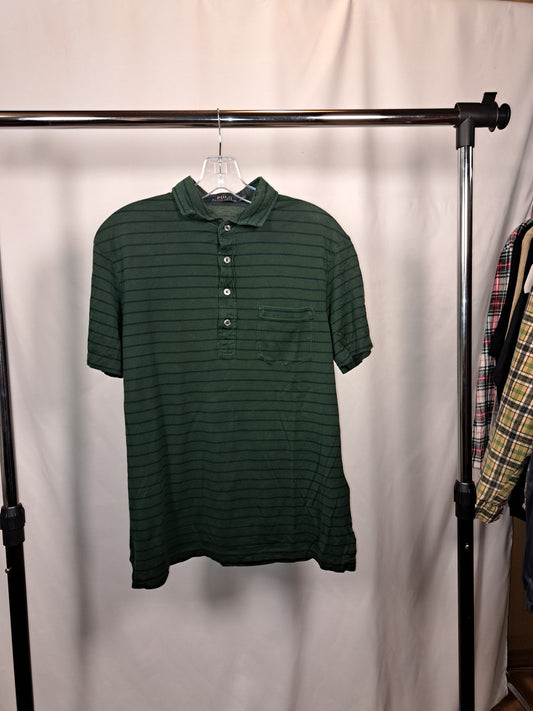 Vintage Polo Ralph Lauren Kurzarm Polo – Dunkelgrün mit Streifen & Brusttasche, Größe M | Classic Polo Shirt