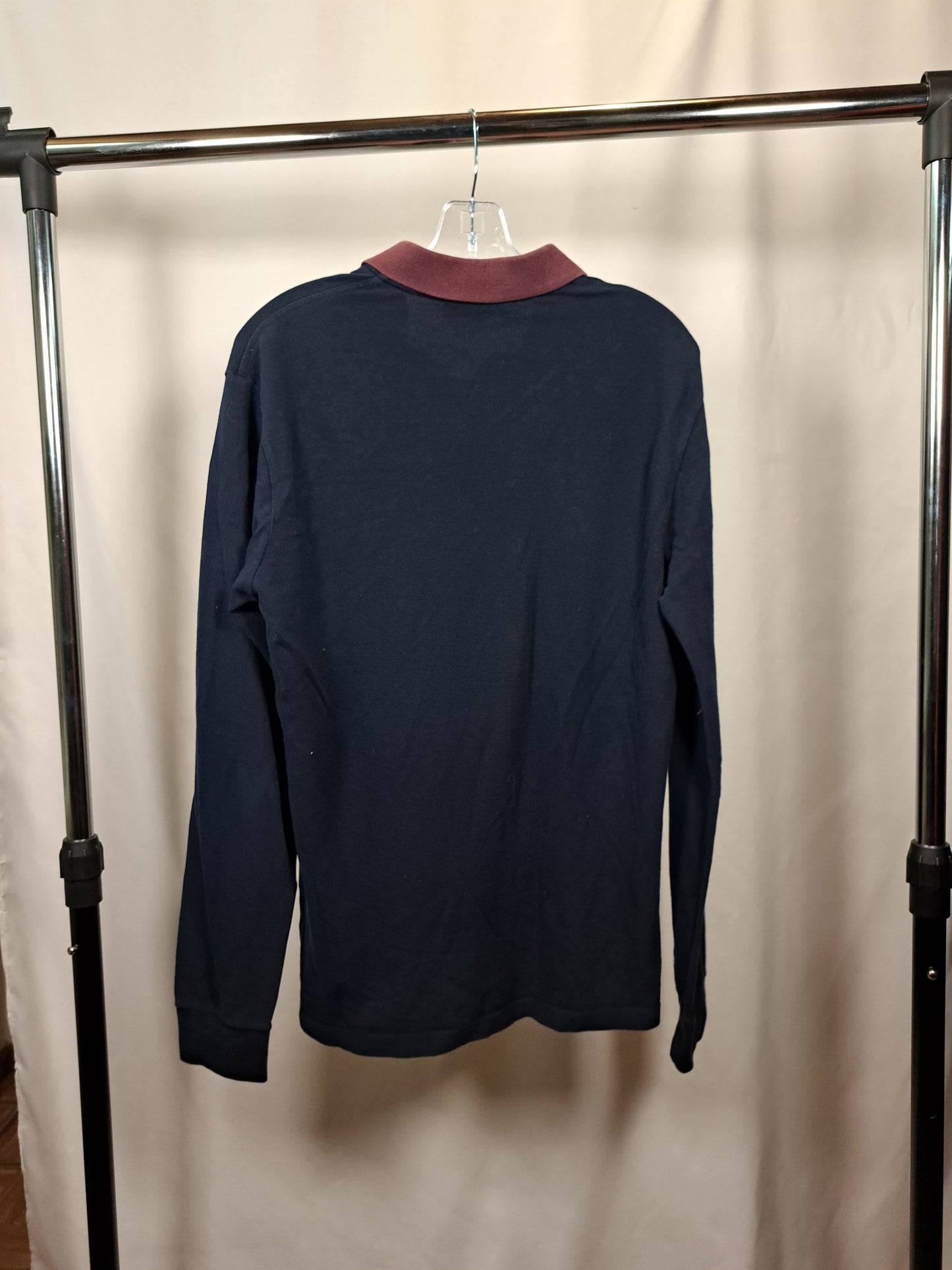 Fred Perry Vintage Longsleeve Polo / Navy–Burgundy Contrast Collar / Shirt Size L